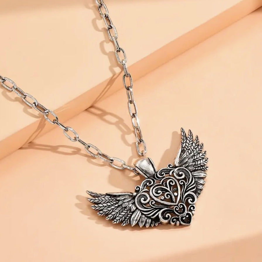 ANGEL WING HEART STATEMENT NECKLACE