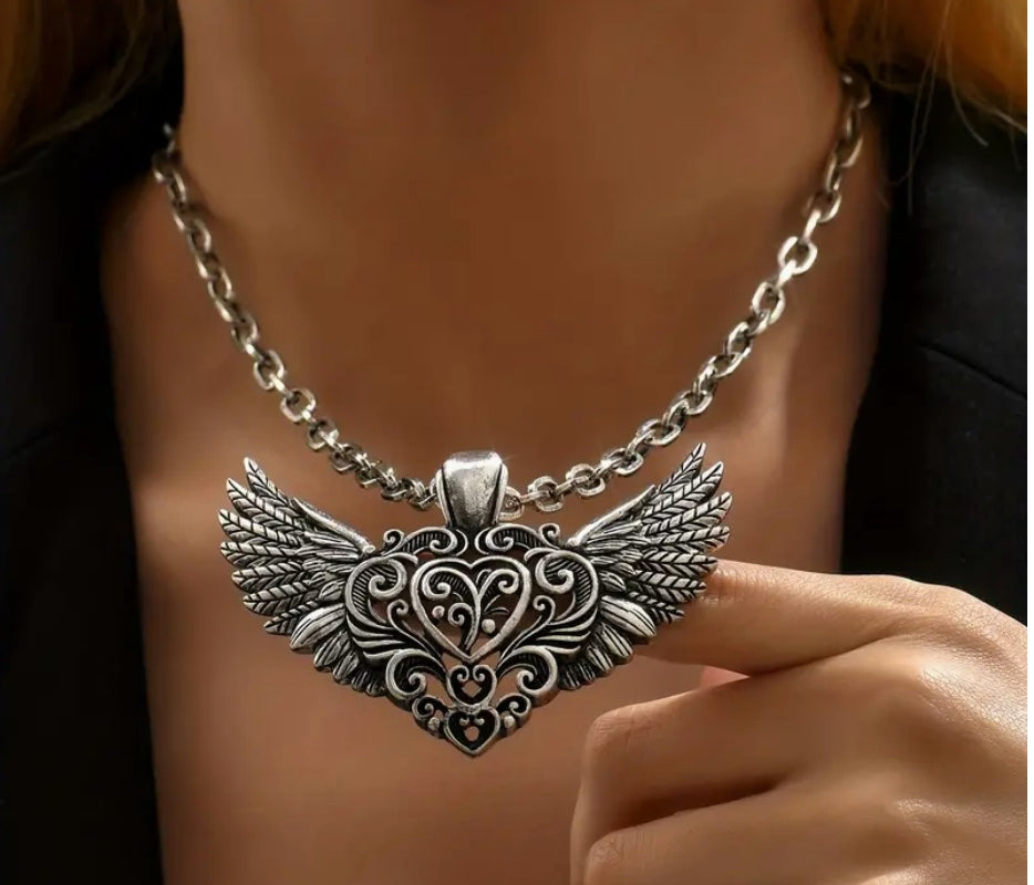 ANGEL WING HEART STATEMENT NECKLACE