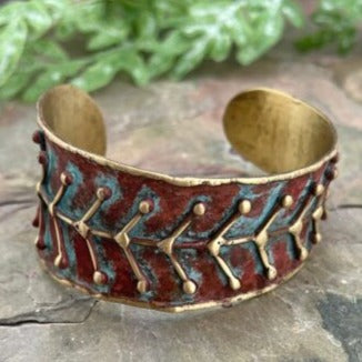 HANDCRAFTED BRASS PATINA CUFF-RUSTIC BLUE ARROWS by ANJU JEWELRY®