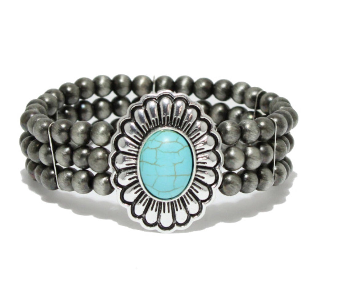 SILVER BURNISHED TURQUOISE CONCHO NAVAJO BEAD STRETCHABLE BRACELET