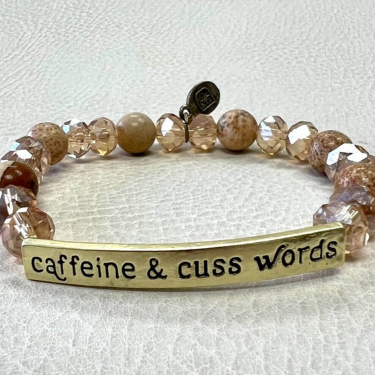 SASSY SEMI-PRECIOUS STONE "CAFFEINE & CUSS WORDS" BRACELET -  HANDMADE JEWELRY