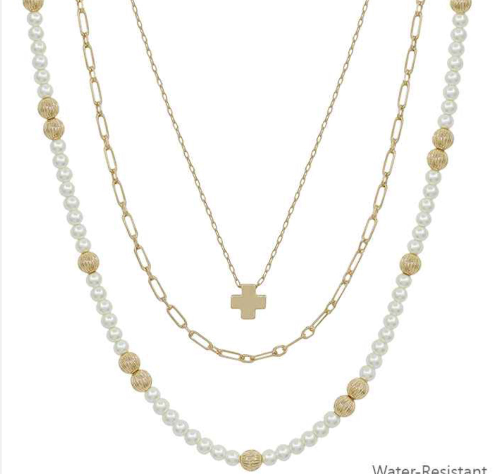 Water Resistant 4mm Pearl and Gold Beaded and Layered Chain with Cross 16"-18" Necklace