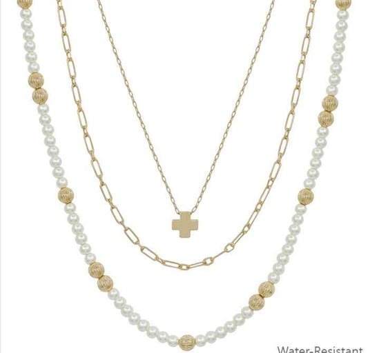 Water Resistant 4mm Pearl and Gold Beaded and Layered Chain with Cross 16"-18" Necklace