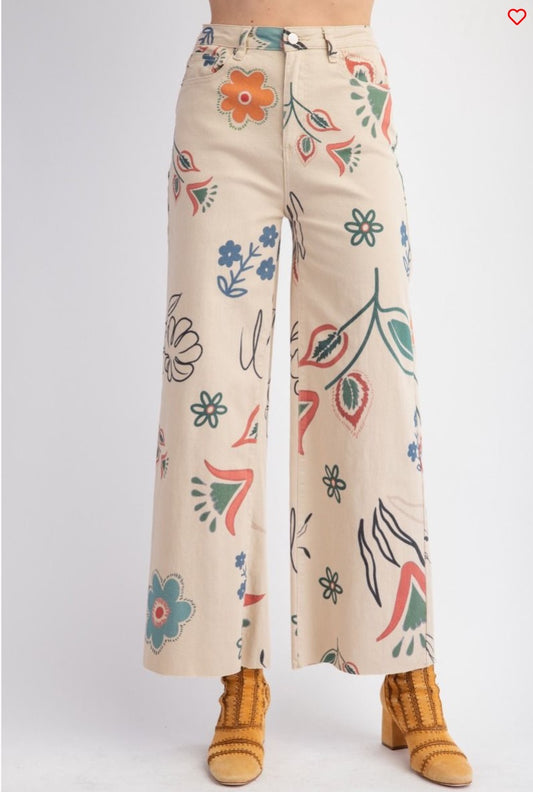 PRINTED WASHED TWILL WIDE PANTS