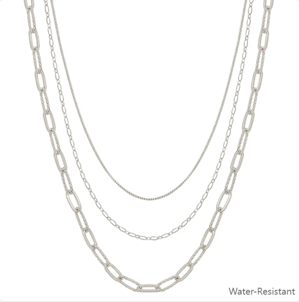 Water Resistant Silver Triple Layered Clip Chain 16"-18" Necklace