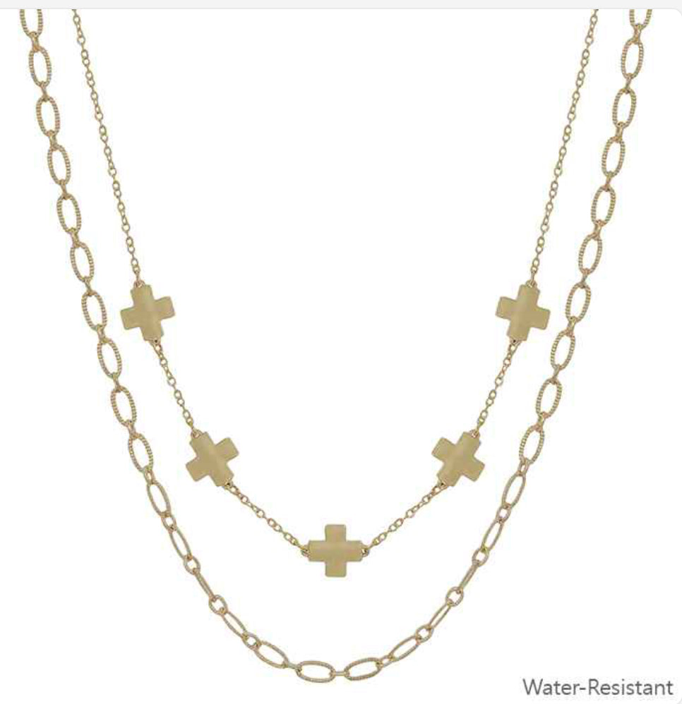 Water Resistant Gold Cross with Chain Layered 16"-18" Necklace