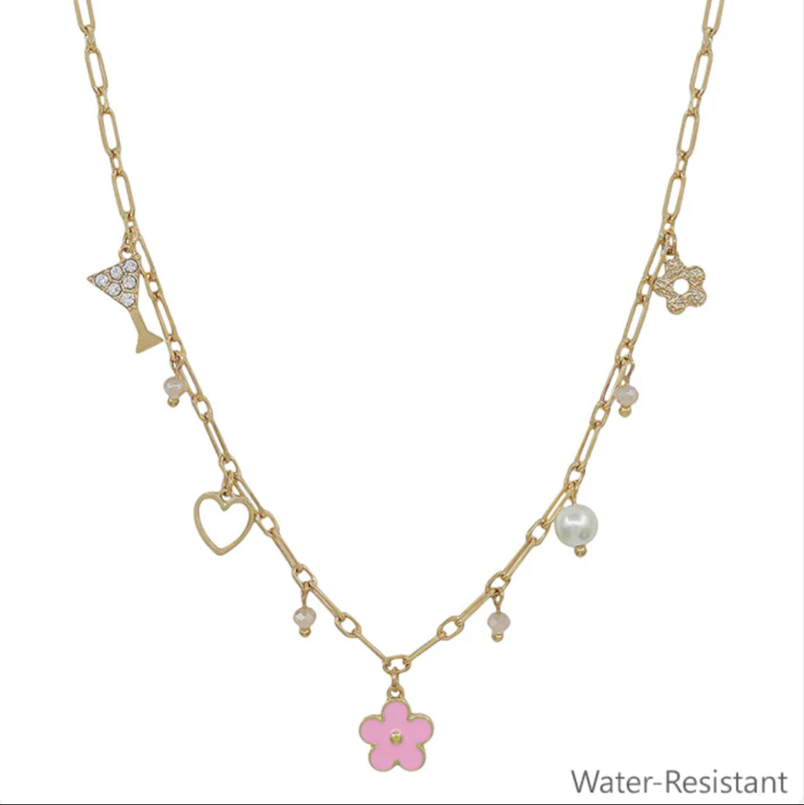 Water Resistant Gold Chain with Pink and Gold Flower Charms 16"-18" Necklace