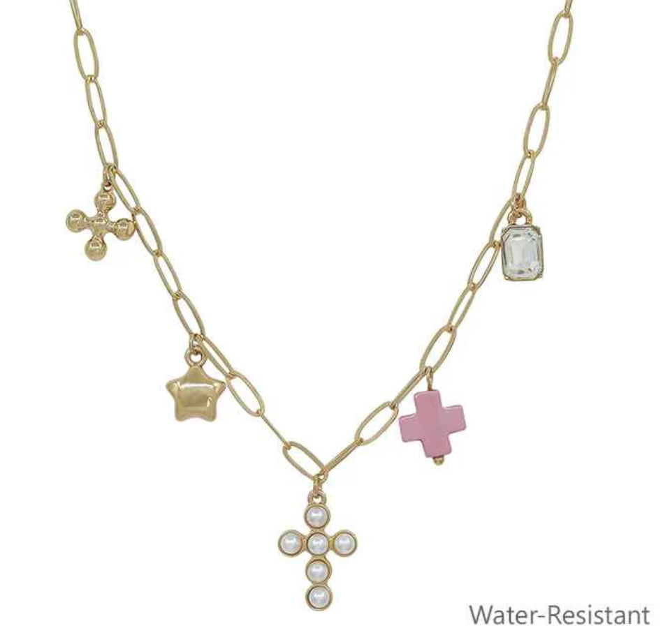 Water Resistant Gold Chain with Pearl Beaded Cross, Pink Cross, Star Charm 16"-18" Necklace