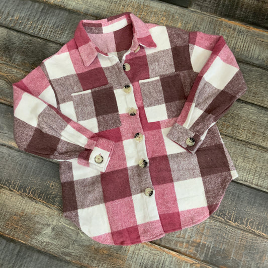 WOMEN'S CASUAL PINK & BROWN PLAID BUTTON DOWN LONG SLEEVE SHACKET