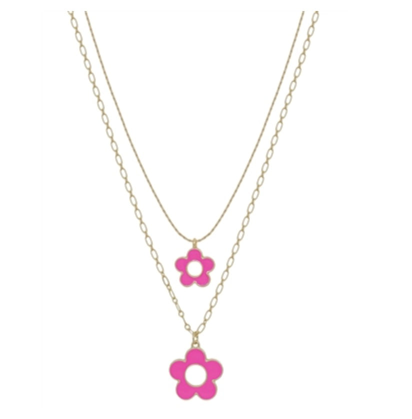 EPOXY FLOWER DOUBLE LAYERED 16"-18" NECKLACE - HOT PINK
