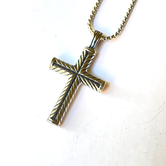 STAINLESS STEEL WHEAT PATTERN CROSS NECKLACE 24"