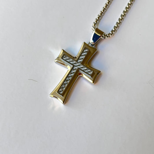 STAINLESS STEEL WITH DIAMOND CUT INLAY CROSS ON 24" CHAIN