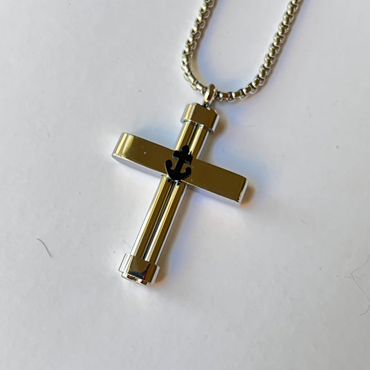 STAINLESS STEEL CROSS WITH ANCHOR 24" NECKLACE