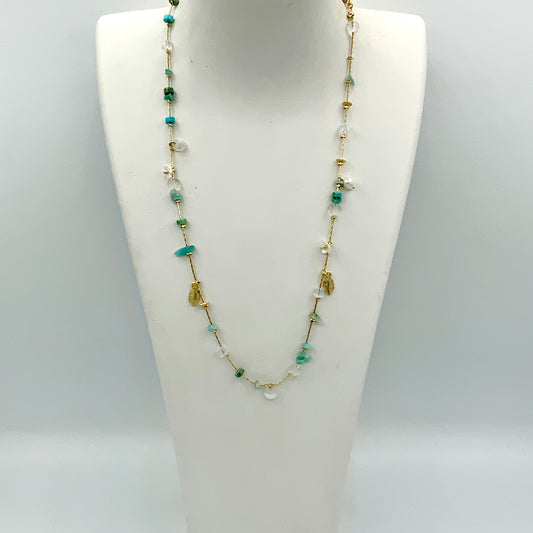 HANDMADE CRYSTAL BEADED NECKLACE WITH GOLD ACCENTS ON GOLD CHAIN