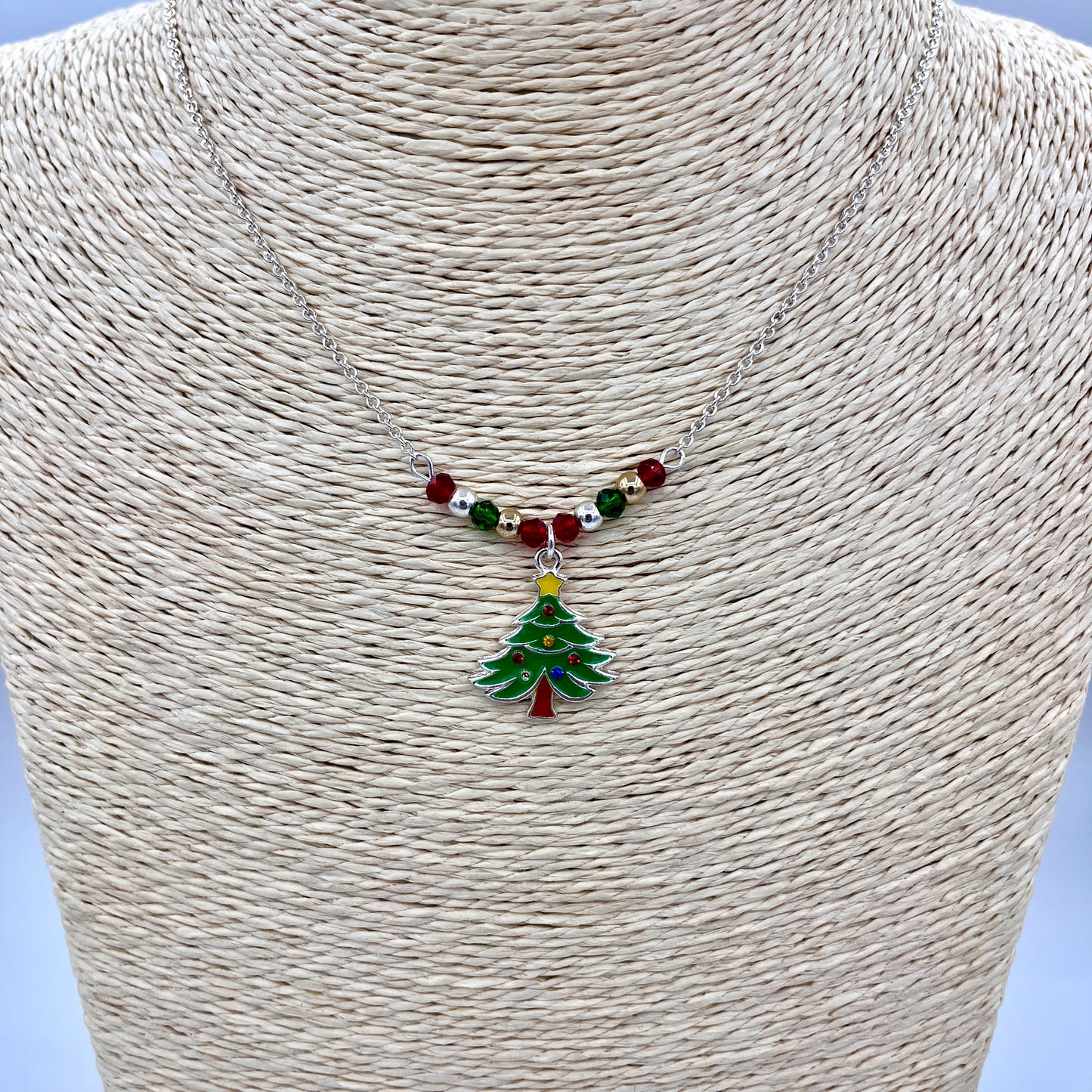 CHRISTMAS TREE WITH BEADS ON SILVER CHAIN