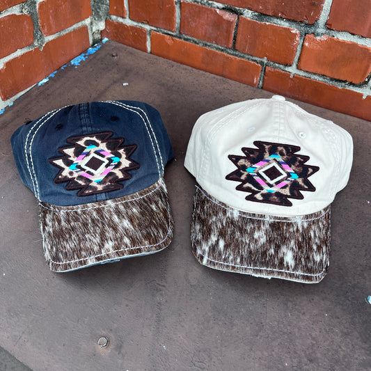 Leopard Mosaic Western Aztec Pattern Vintage Distressed Baseball Hat with Custom Handcrafted Cowhide "Lainey" Brim by Mountain Attitude Designs™