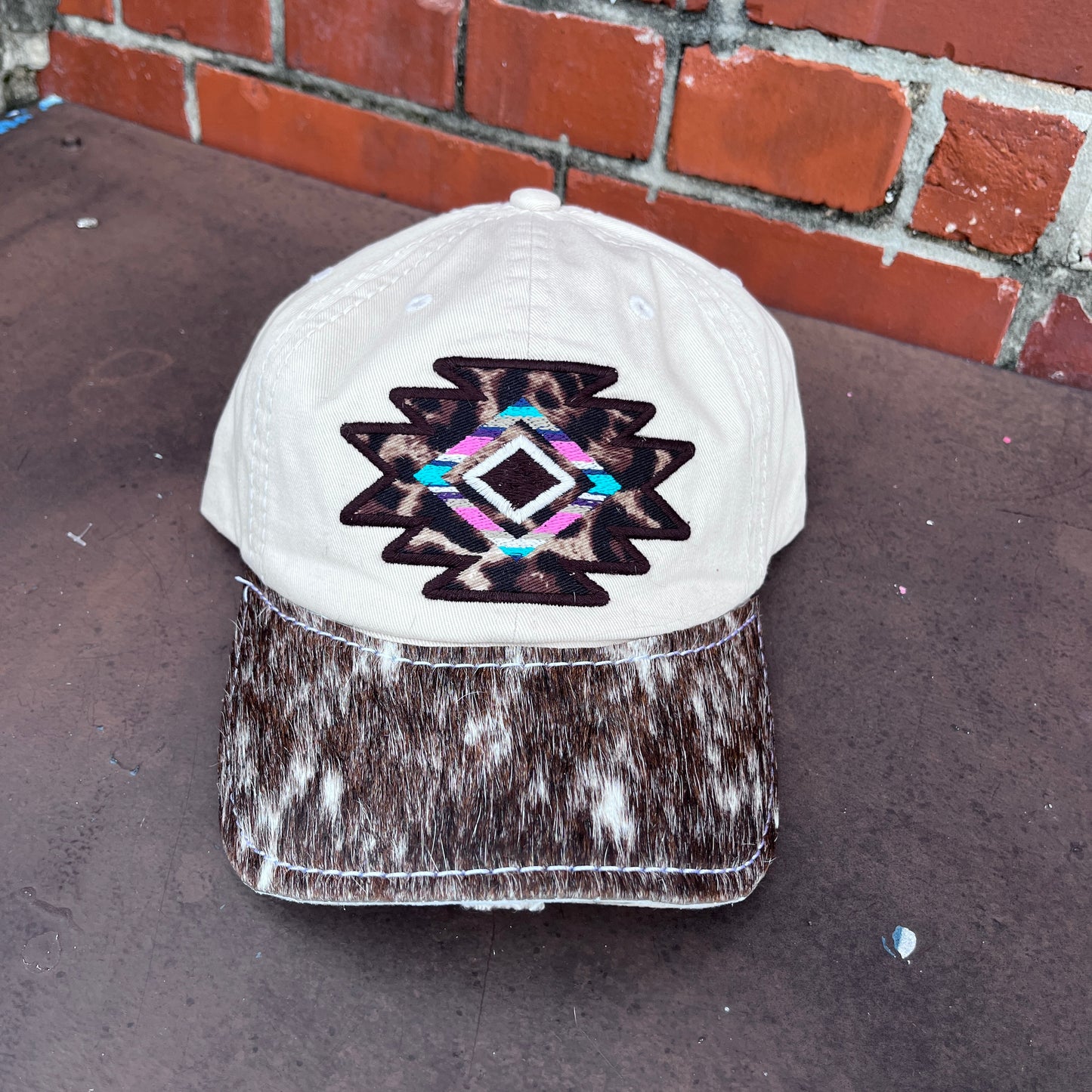 Leopard Mosaic Western Aztec Pattern Vintage Distressed Baseball Hat with Custom Handcrafted Cowhide "Lainey" Brim by Mountain Attitude Designs™