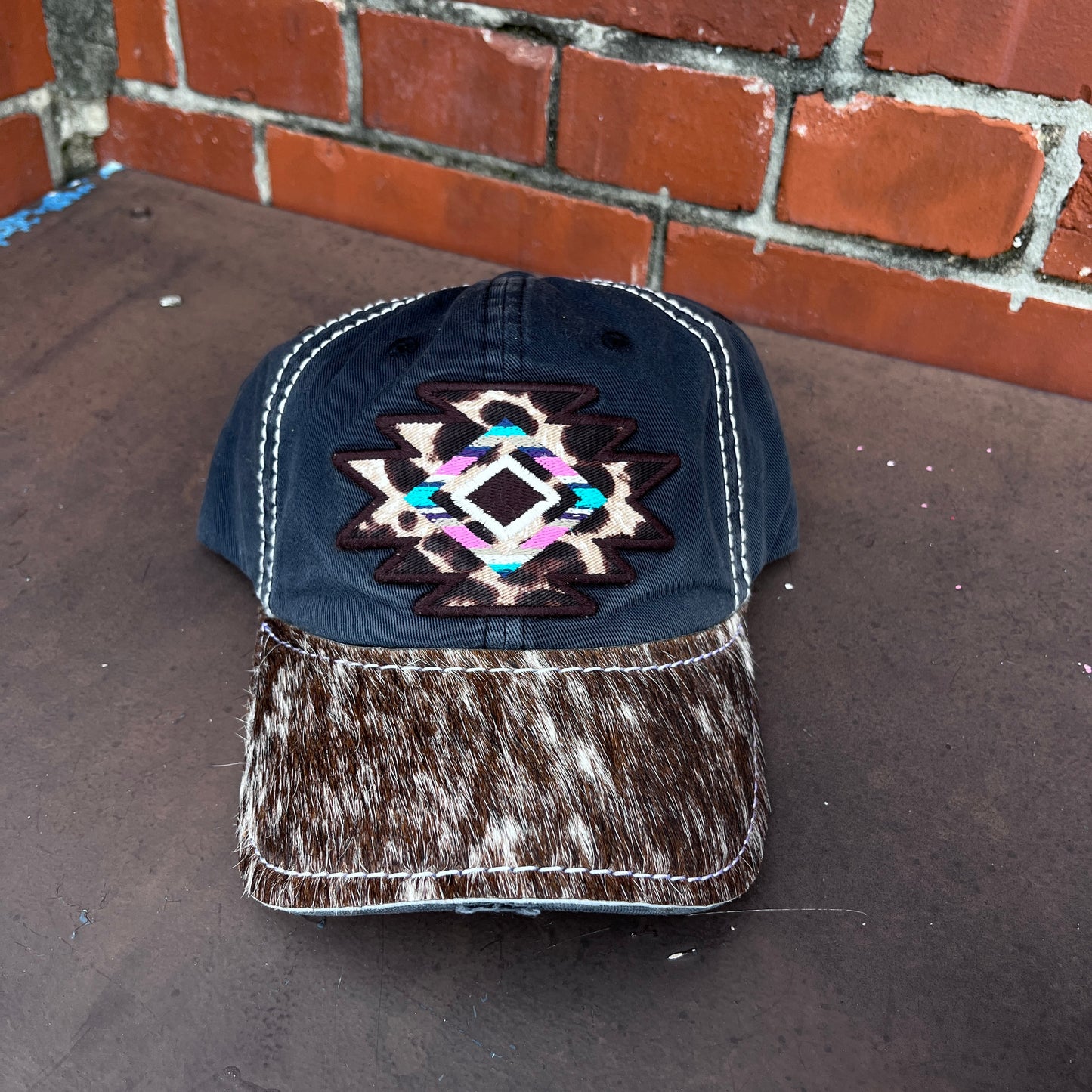 Leopard Mosaic Western Aztec Pattern Vintage Distressed Baseball Hat with Custom Handcrafted Cowhide "Lainey" Brim by Mountain Attitude Designs™