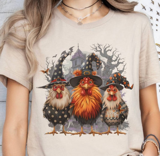 Halloween Chicken Witches Farm Halloween Graphic T-Shirt (Cream)