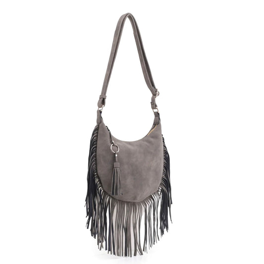 SOFT LEATHER FRINGE HOBO CROSSBODY HANDBAG
