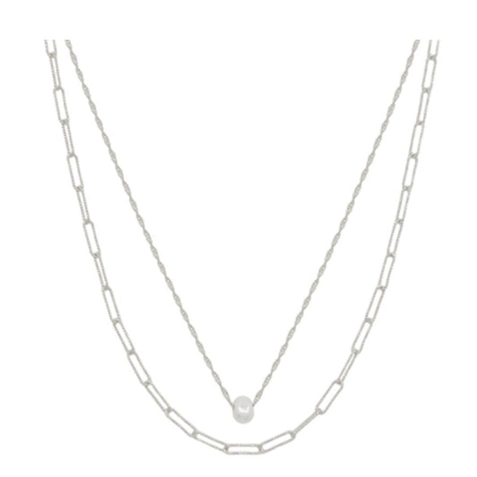 SILVER LINK CHAIN LAYERED WITH SINGLE FRESHWATER PEARL 16"-18" NECKLACE