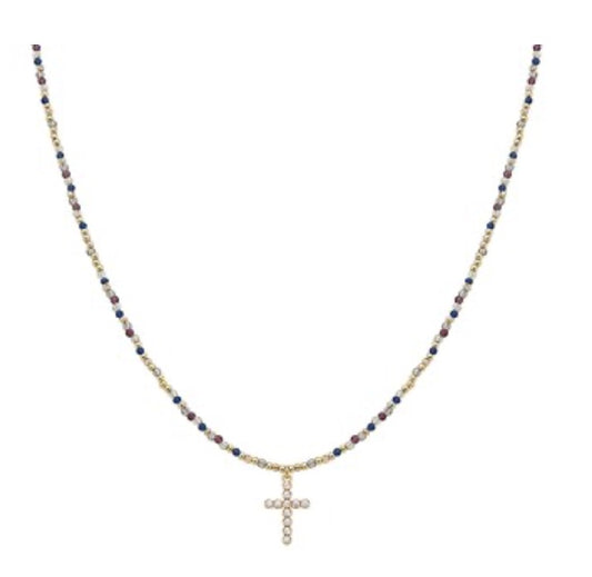 Dainty Pave Cross Beaded Necklace