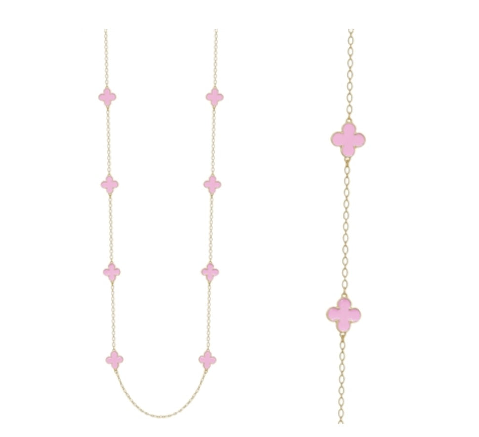 PINK COLORED COATED CLOVER WITH GOLD CHAIN 36" NECKLACE