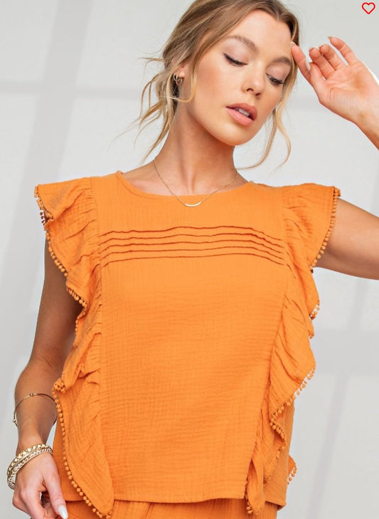 RUFFLED CAP SLEEVE TANGERINE TOP
