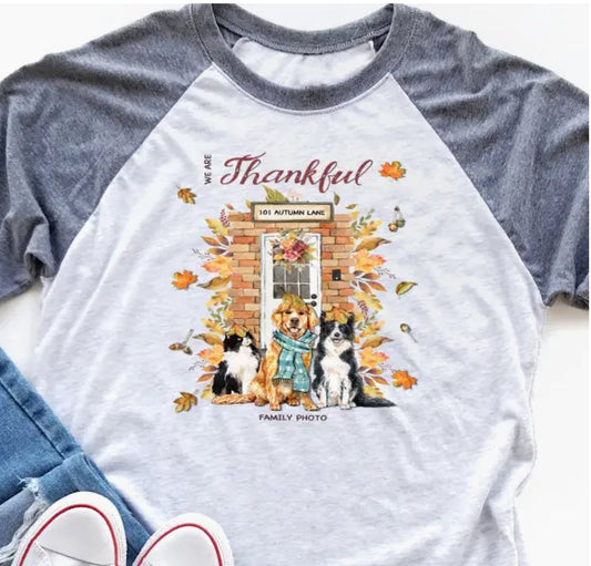 I’m Thankful Family Photo Super Soft Unisex Raglan Graphic Tee - Dogs - Cats - Fall Apparel - Thanksgiving Apparel