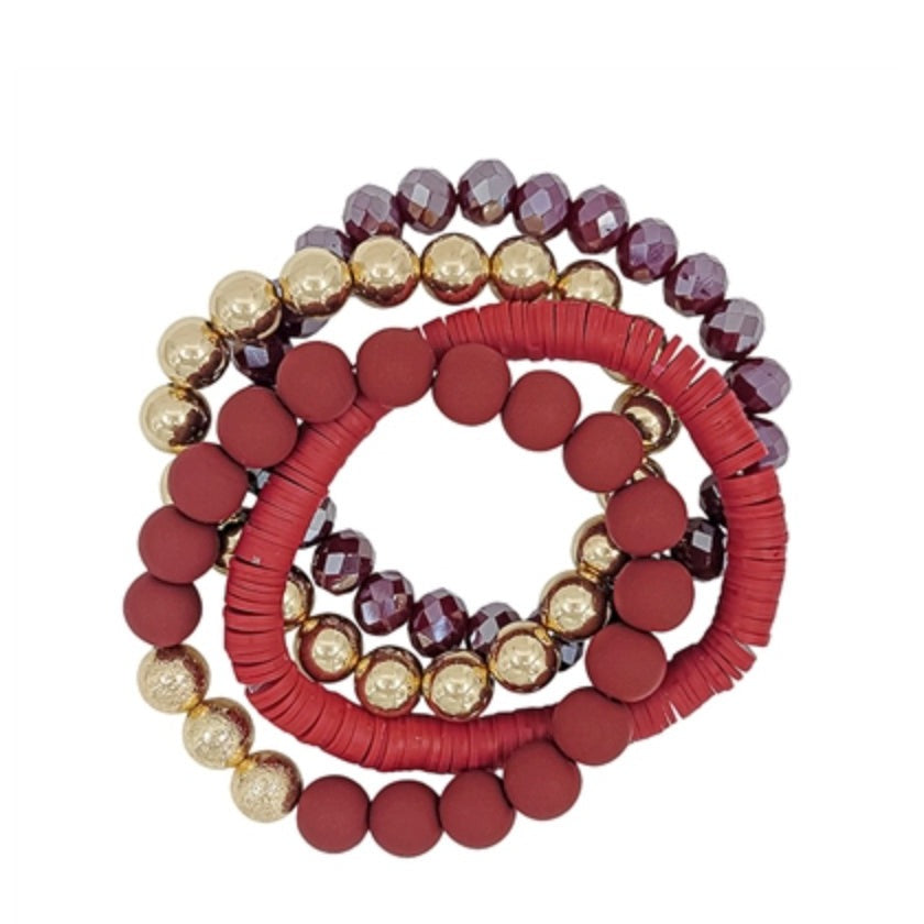 MAROON RUBBER, CRYSTAL & GOLD 4 STRETCH BRACELET SET