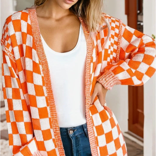 Women's Orange & White Checkered Drop Shoulder Casual Sweater Cardigan