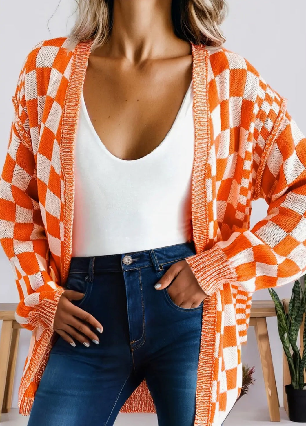 Women's Orange & White Checkered Drop Shoulder Casual Sweater Cardigan