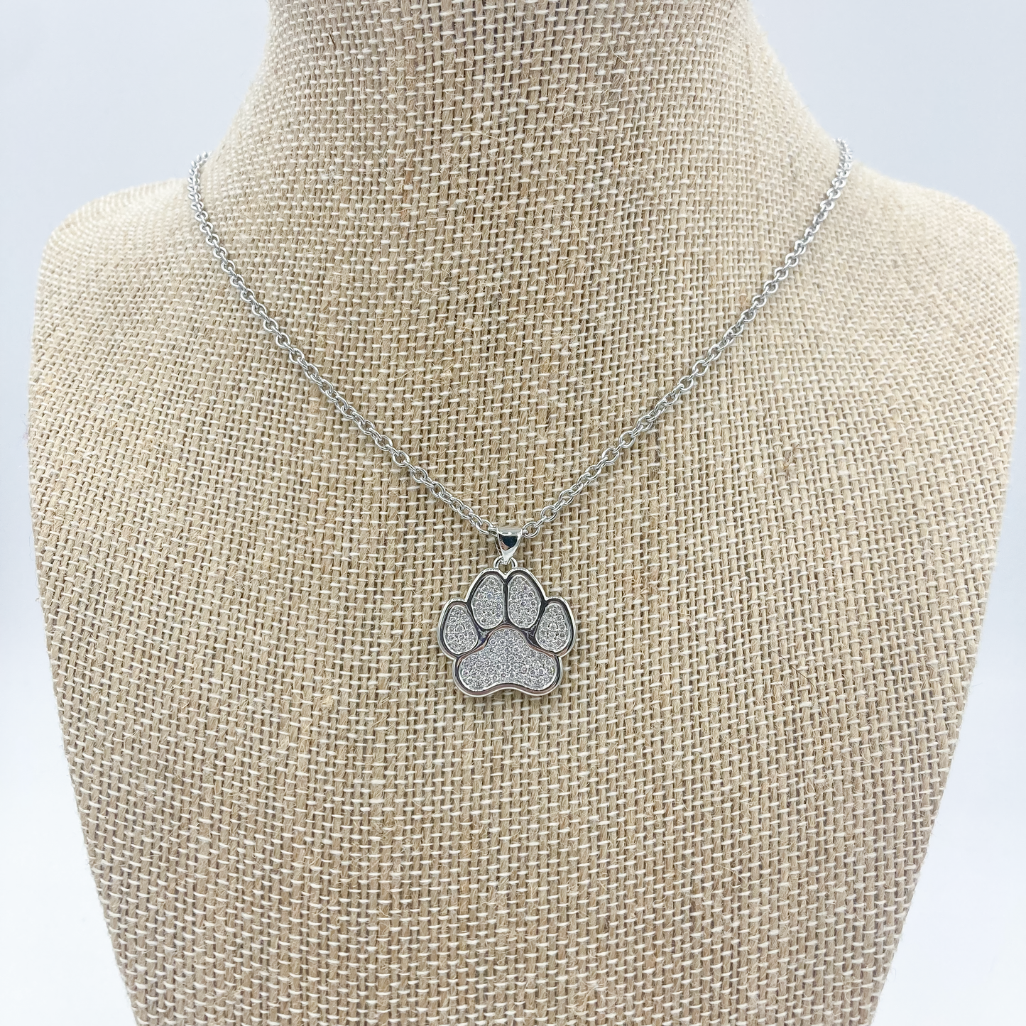 SILVER CRYSTAL PAW ON STAINLESS STEEL CHAIN 16"