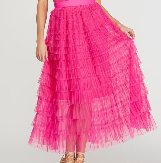 WOMEN'S TULLE TIERED MESH LONG SKIRT WITH UNDERSKIRT - HOT PINK & BLACK