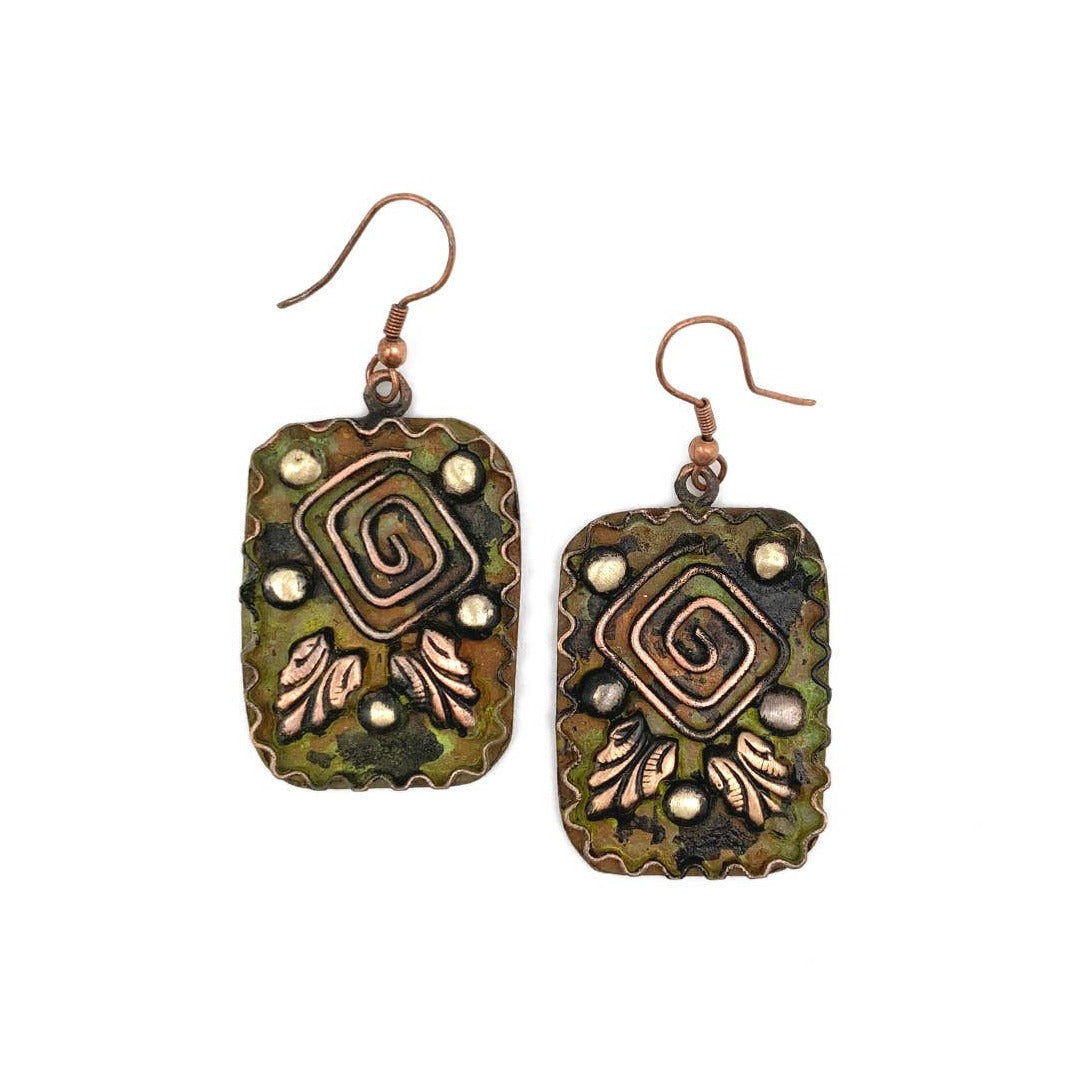 Copper Patina Earrings - Square Spiral in Green Rectangles