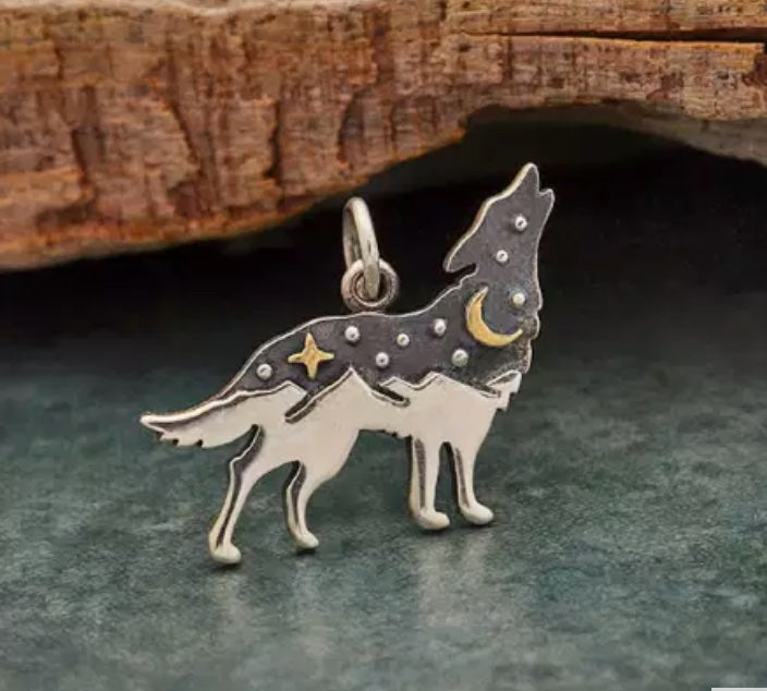 HANDMADE STERLING SILVER WOLF WITH BRONZE STAR & MOON CHARM NECKLACE by NINA DESIGNS®