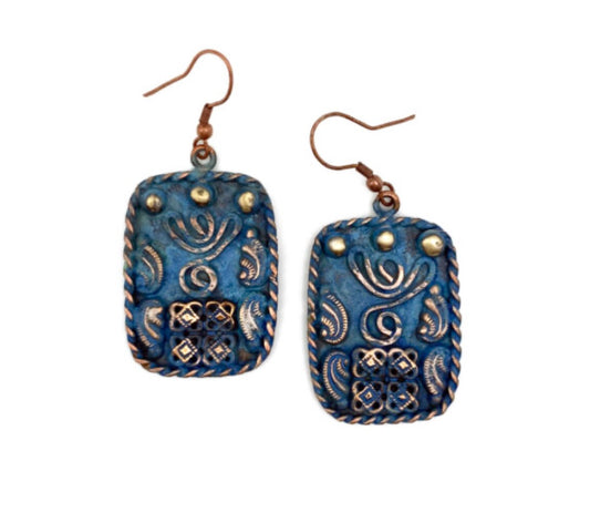 Copper Patina Earrings – Filigree Shapes in Blue Rectangle EP308