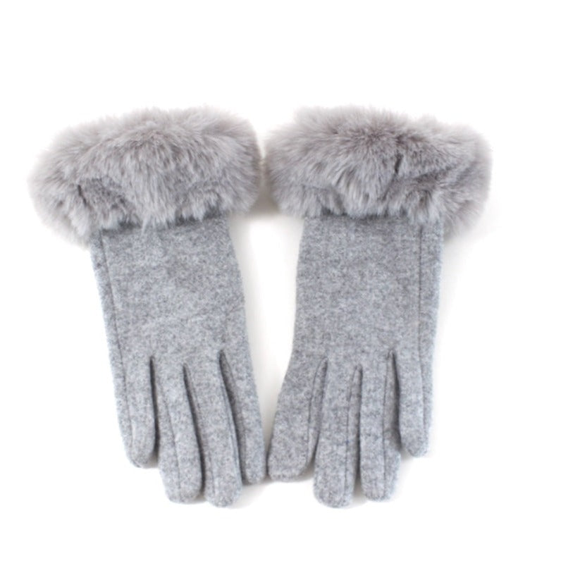 TOUCH SCREEN GREY GLOVES WITH FAUX FUR