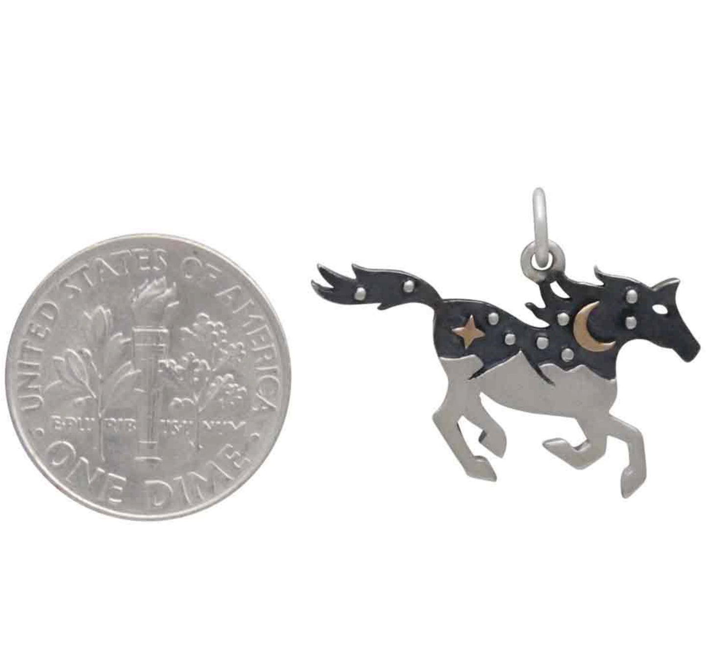 HANDCRAFTED STERLING SILVER HORSE CHARM WITH MOUNTAINS AND BRONZE MOON