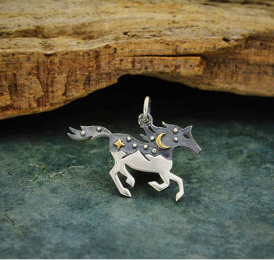 HANDCRAFTED STERLING SILVER HORSE CHARM WITH MOUNTAINS AND BRONZE MOON