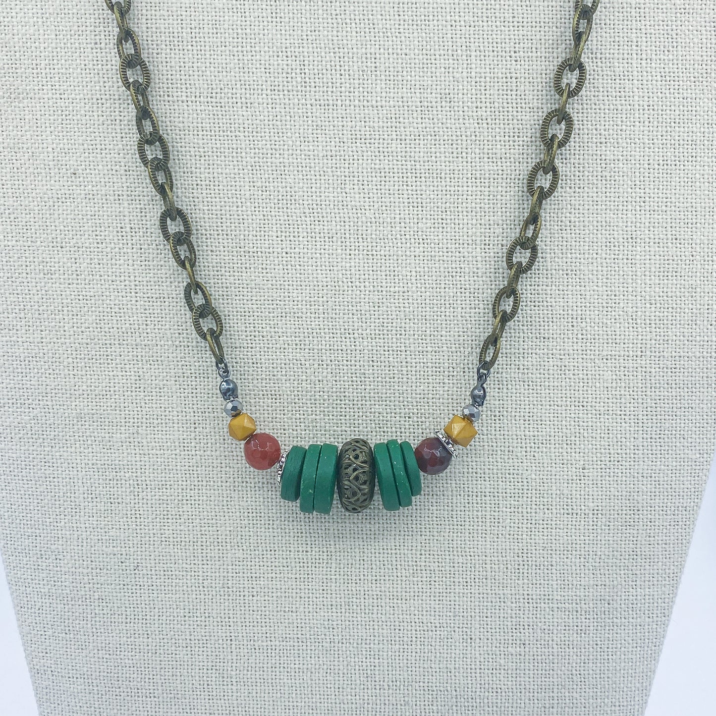 HANDMADE STACKED STONE DISCS ON CHAIN NECKLACE