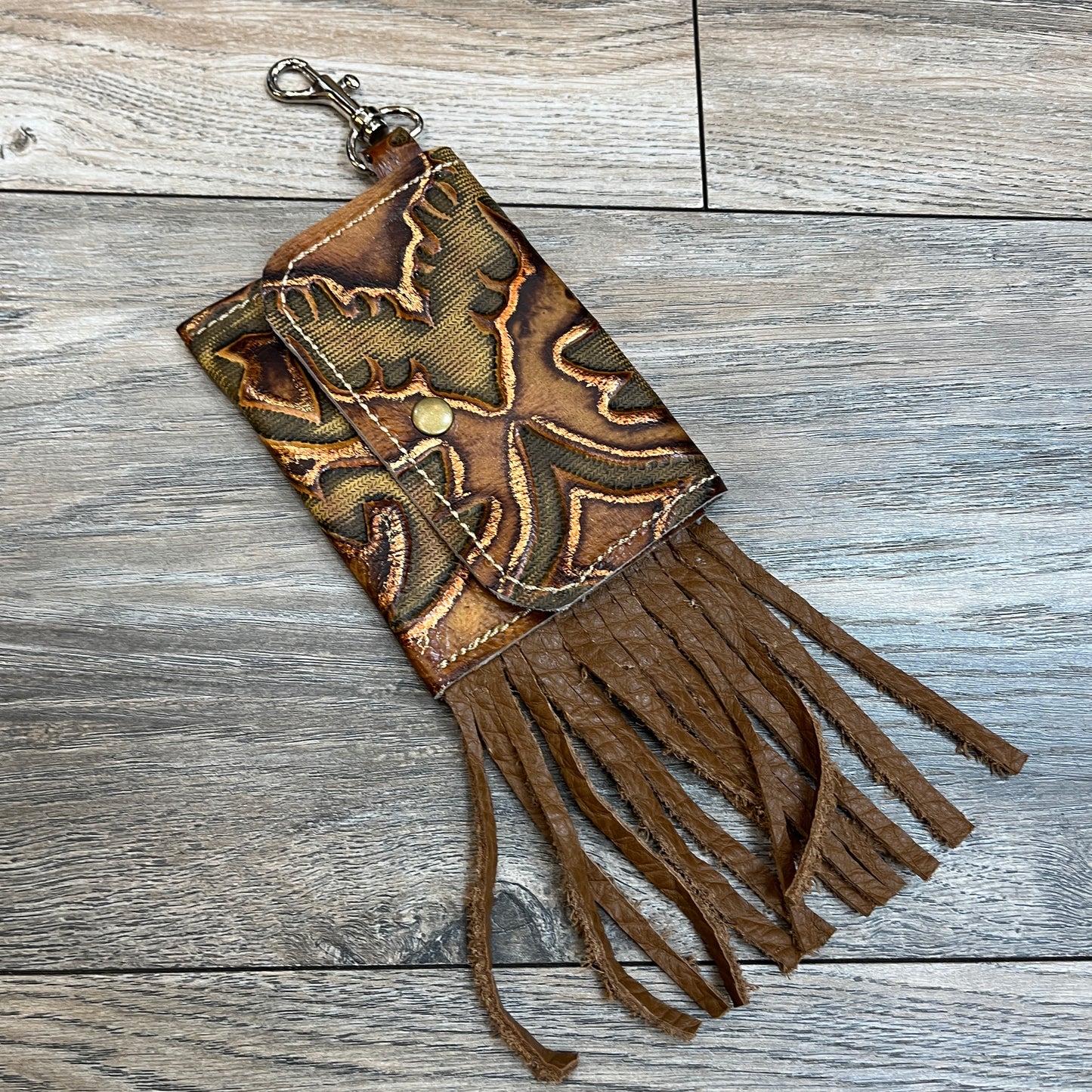 HANDMADE EMBOSSED LEATHER COIN PURSE WITH TASSELS KEYCHAIN