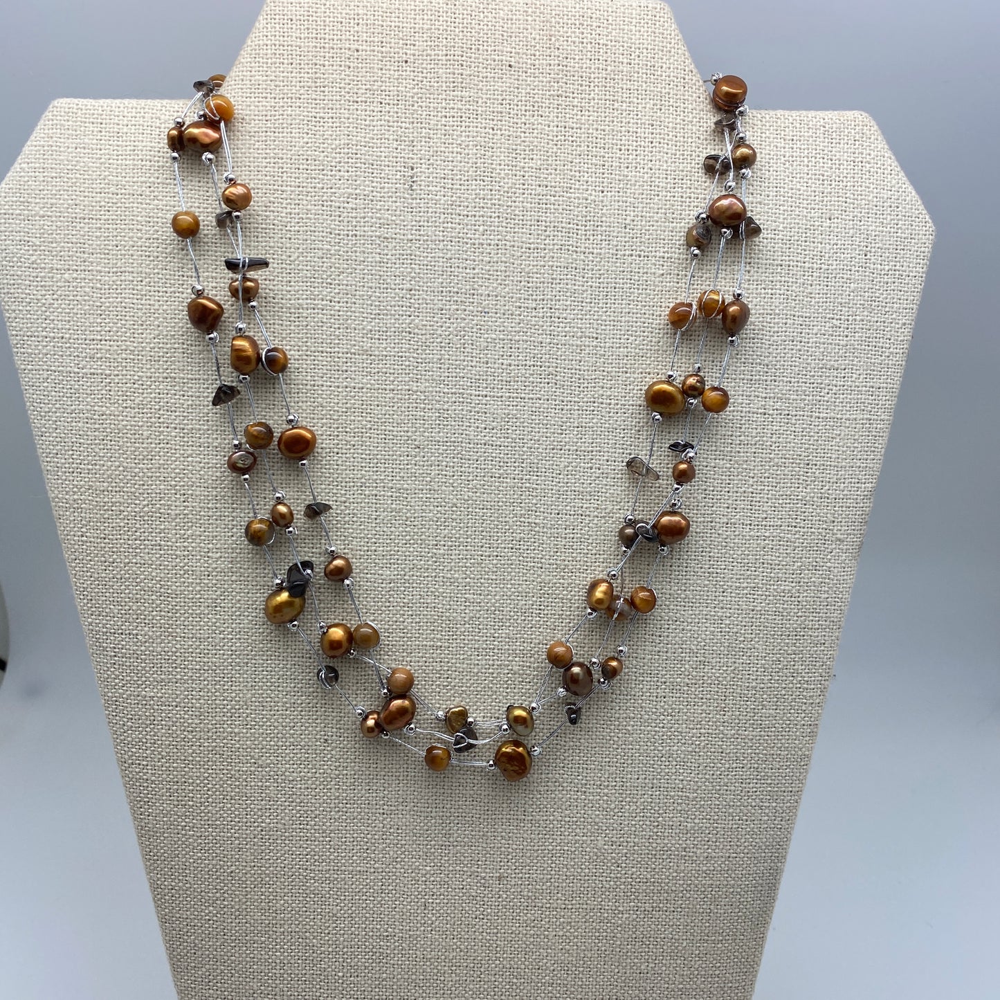 CULTURED CHOCOLATE PEARL TRIPLE STRAND NECKLACE WITH SILVER THREAD