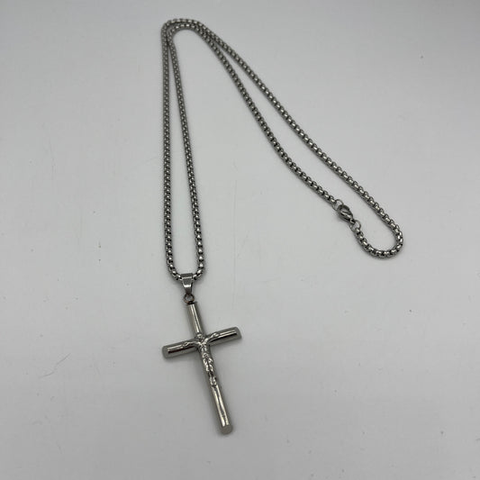 LONG STAINLESS STEEL BOX ROLO CHAIN WITH CRUCIFIX