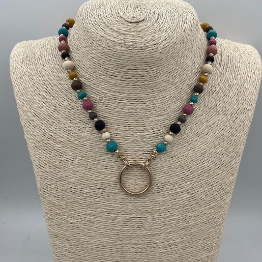 8MM WOOD BEADED NECKLACE WITH GOLD ACCENTS