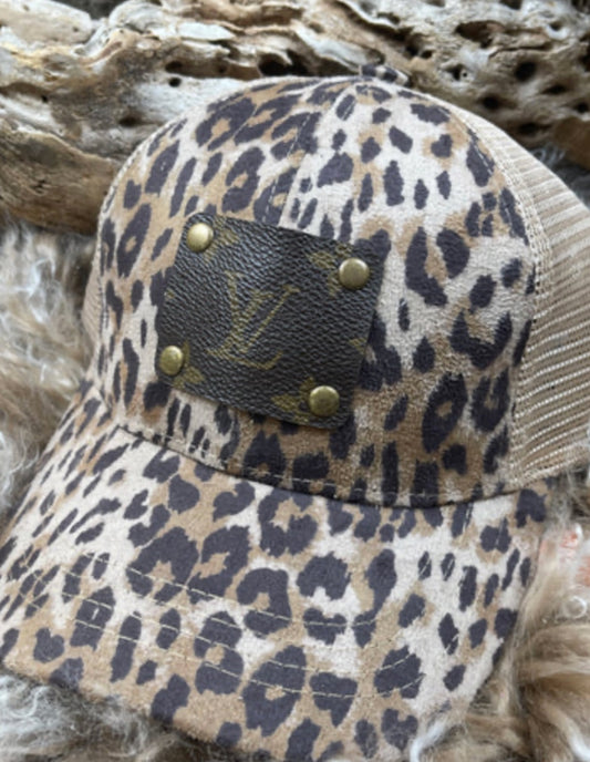 DESIGNER UPCYCLED LABEL LEOPARD/TAN BALL CAP WITH PONYTAIL CRISSCROSS MESH BACK