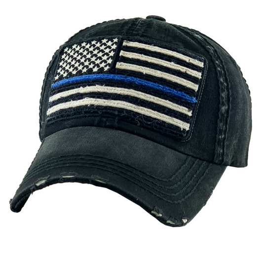 THIN BLUE LINE DISTRESSED VINTAGE BASEBALL HAT (VARIOUS COLORS)