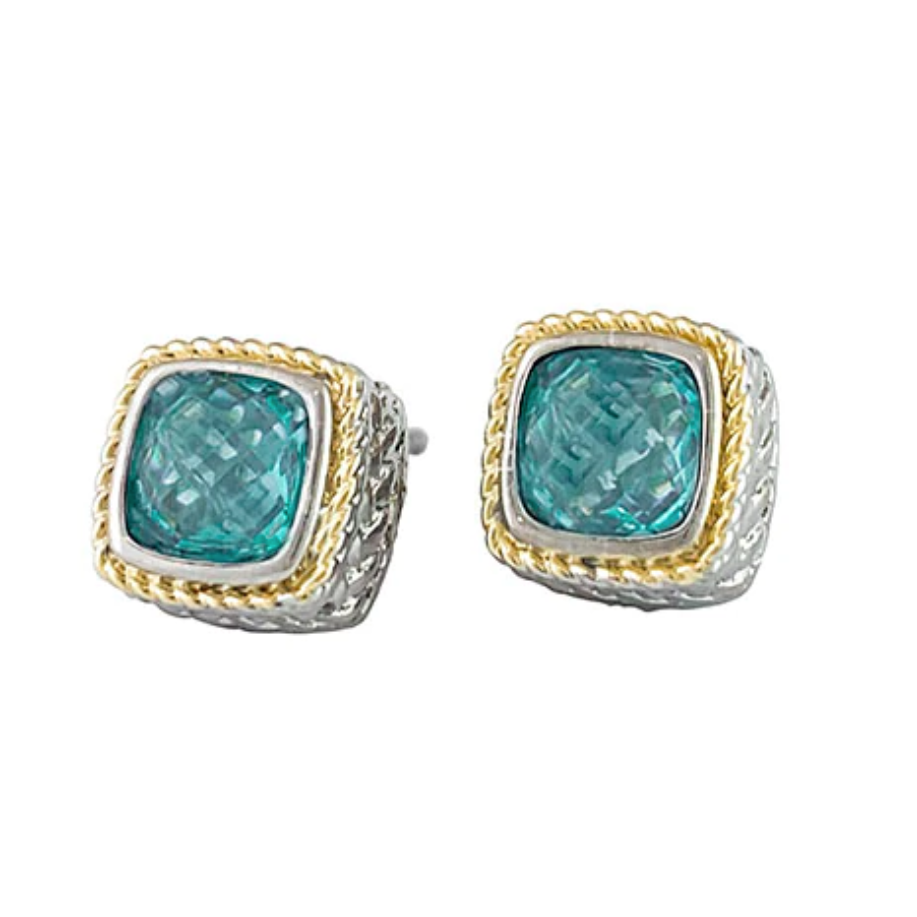 18K GOLD PLATED WHEAT CABLE BLUE TOPEZ CZ CRYSTAL SQUARE EARRINGS
