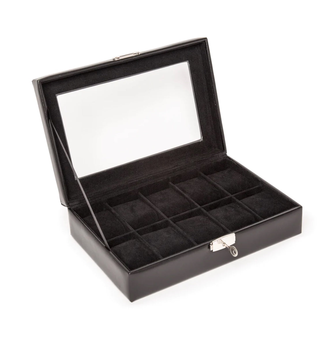 VEGAN LEATHER & WOOD WATCH BOX 10-SLOT WITH GLASS LID AND LOCK