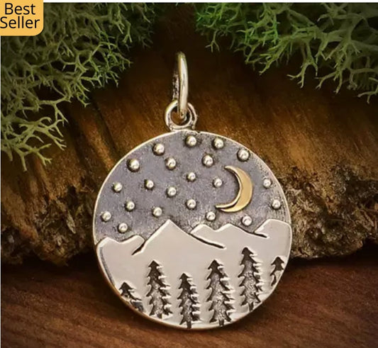 HANDMADE STERLING SILVER MOUNTAIN WITH TREES & BRONZE MOON CHARM NECKLACE by NINA DESIGNS®